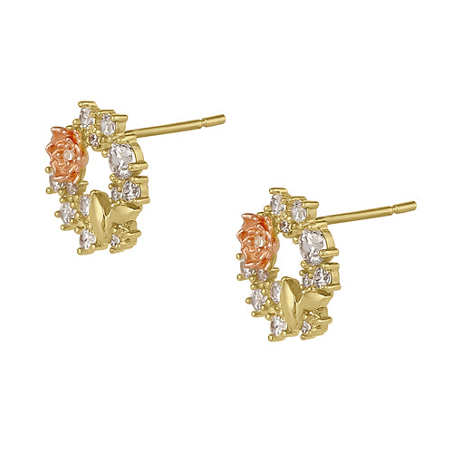 Solid 14K Gold Timeless Rose with Clear CZ Earrings