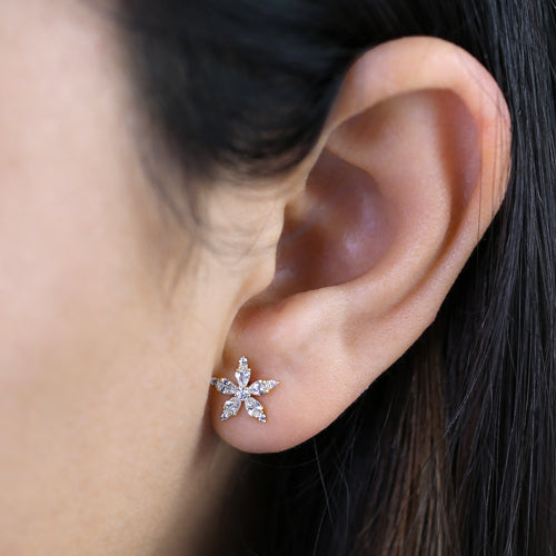Solid 14K Gold Star Flower CZ Earrings