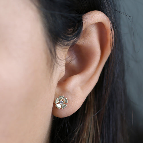 Solid 14K Gold Plumeria Flower CZ Earrings