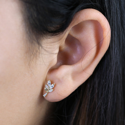 Solid 14K Gold Trendy Branch CZ Earrings