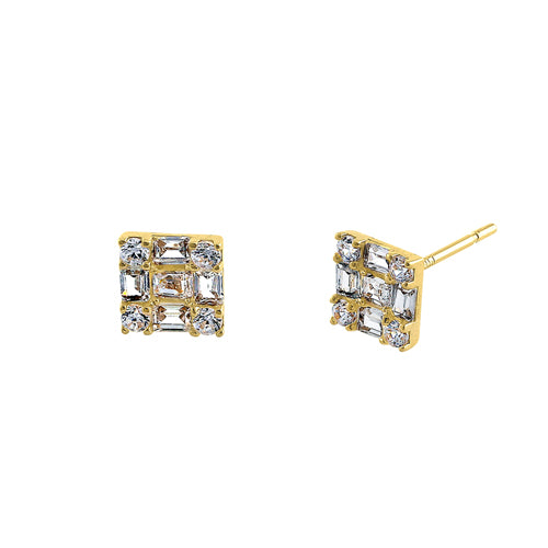 Solid 14K Yellow Gold Squared Round & Princesss Cut CZ Earrings