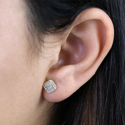 Solid 14K Yellow Gold Squared Halo Round CZ Earrings