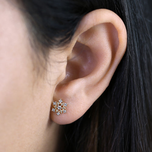Solid 14K Yellow Gold Snowflake CZ Earrings