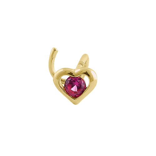 Solid 14K Yellow Gold Heart Ruby CZ Hook Nose Stud