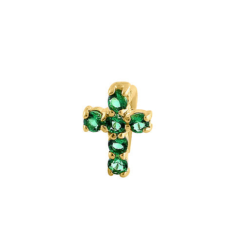 Solid 14K Yellow Gold Cross Green CZ Nose Stud