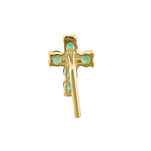 Solid 14K Yellow Gold Cross Green CZ Nose Stud