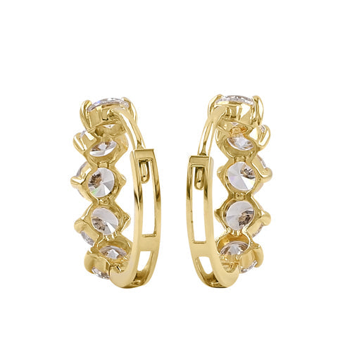 Solid 14K Yellow Gold 11.5mm x 4.5mm Five CZ Hoop Earrings