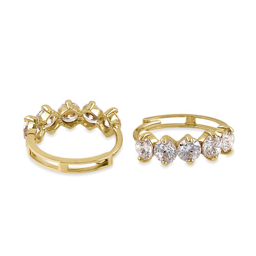 Solid 14K Yellow Gold 11.5mm x 4.5mm Five CZ Hoop Earrings
