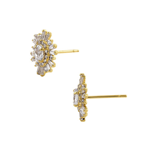 Solid 14K Yellow Oval Sun Ray Halo Gold Earrings