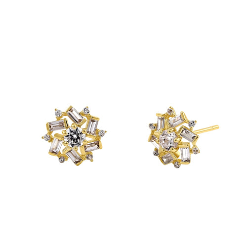 Solid 14K Yellow Gold Snowflake Flower CZ Earrings