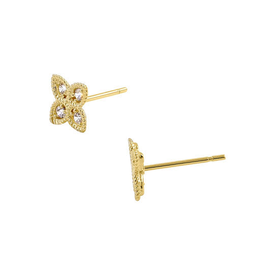 Solid 14K Yellow Gold 7.5mm Four Petal CZ Earrings