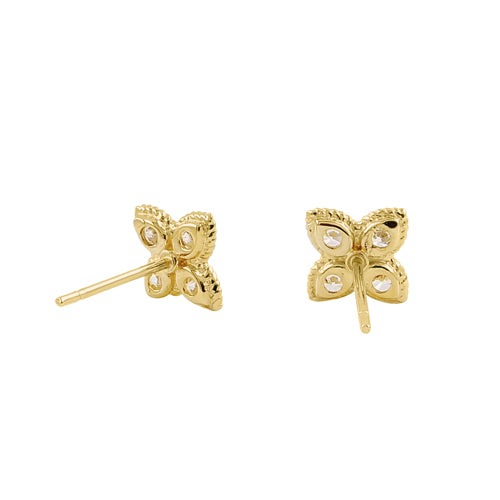 Solid 14K Yellow Gold 7.5mm Four Petal CZ Earrings