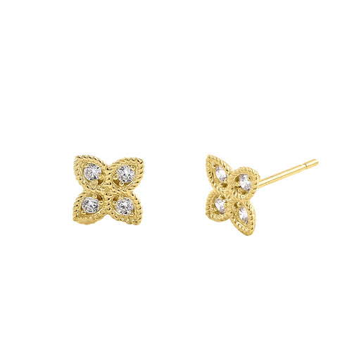 Solid 14K Yellow Gold 7.5mm Four Petal CZ Earrings