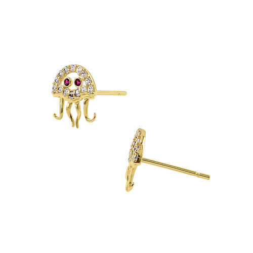 Solid 14K Yellow Gold Jellyfish CZ Earrings