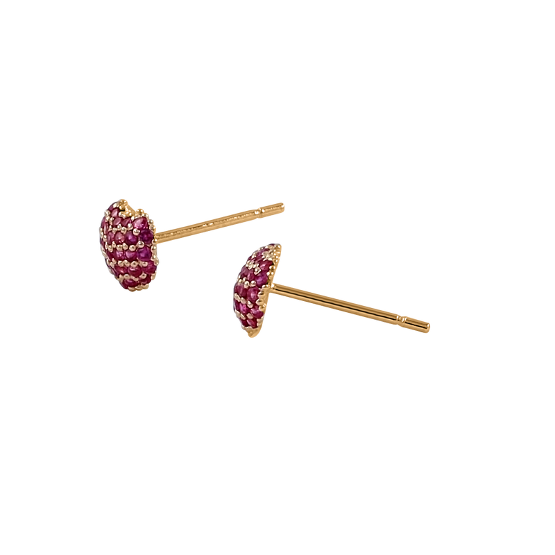 Solid 14K Yellow Gold Bubbly Heart Ruby CZ Earrings