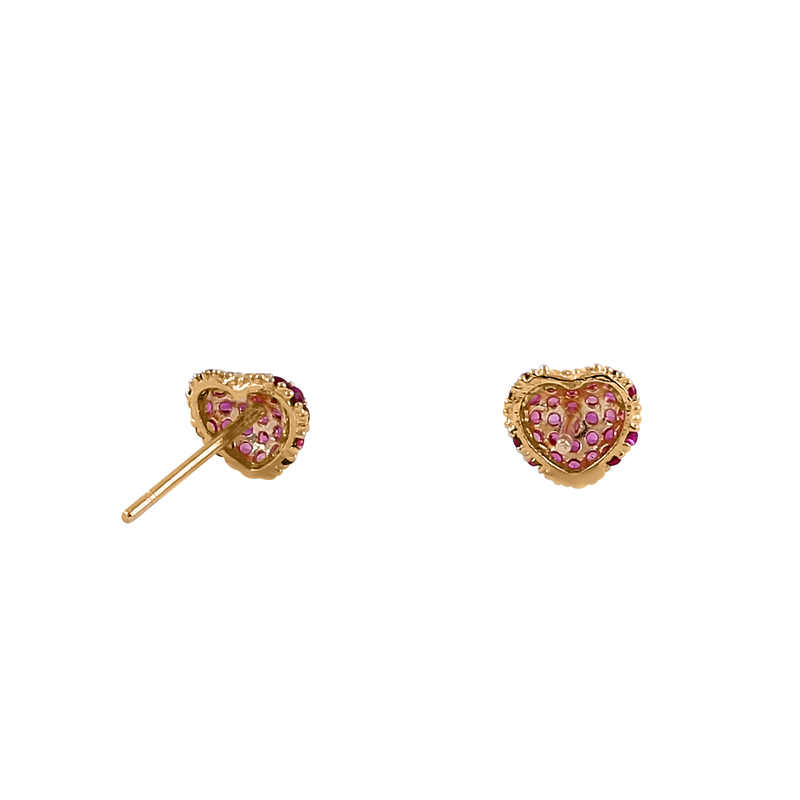 Solid 14K Yellow Gold Bubbly Heart Ruby CZ Earrings