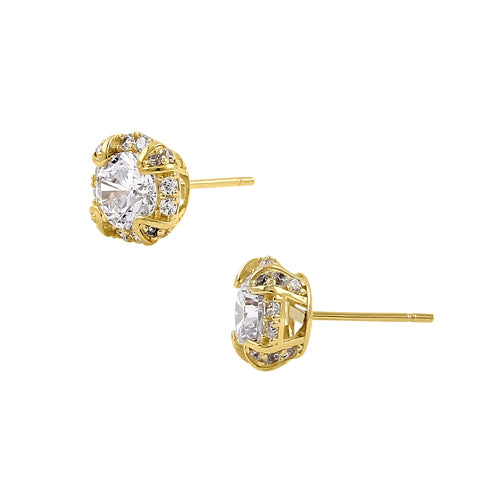 Solid 14K Yellow Gold 8.0mm Round Halo Cathedral CZ Earrings