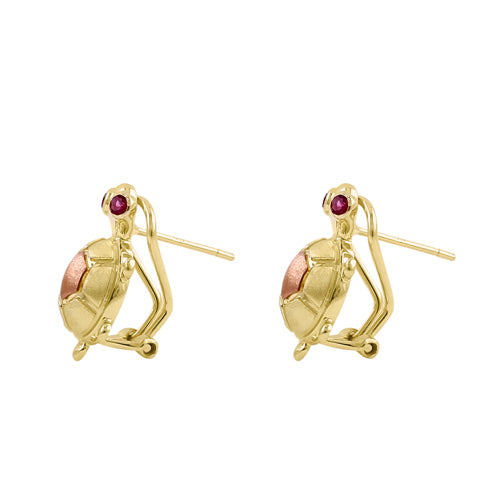 Solid 14K Yellow Gold Turtle Ruby CZ Earrings