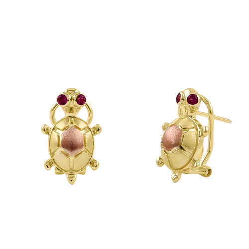 Solid 14K Yellow Gold Turtle Ruby CZ Earrings