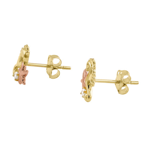 Solid 14K Yellow Gold Muti-Tone Seahorse and Starfish CZ Earrings