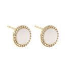 Solid 14K Yellow Gold Round Mother of Pearl and CZ Earrings