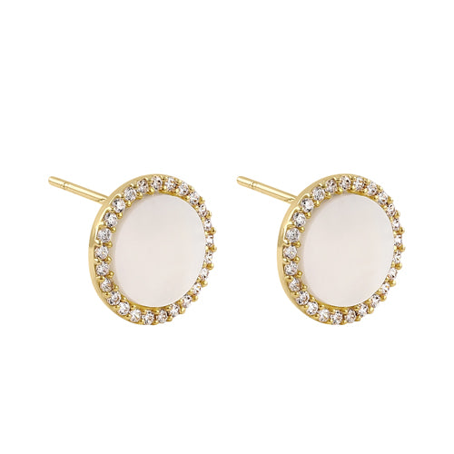 Solid 14K Yellow Gold Round Mother of Pearl and CZ Earrings