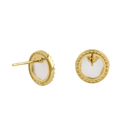 Solid 14K Yellow Gold Round Mother of Pearl and CZ Earrings