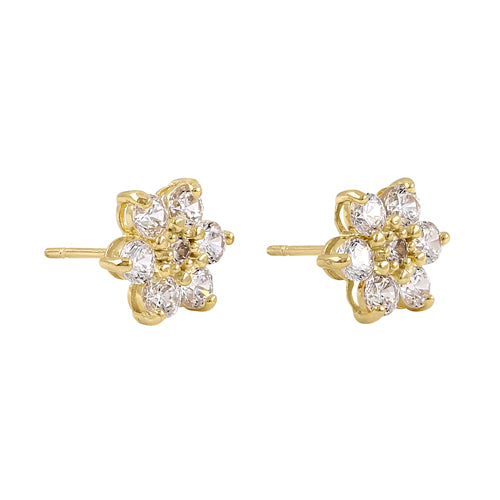 Solid 14K Yellow Gold Six Petal Flower CZ Earrings