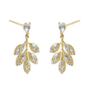 Solid 14K Gold Leaf Drop Dangle CZ Earrings