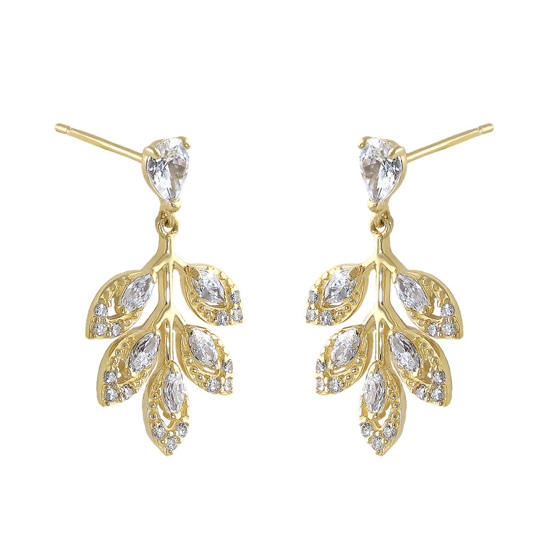 Solid 14K Gold Leaf Drop Dangle CZ Earrings