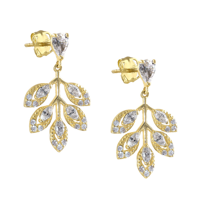 Solid 14K Gold Leaf Drop Dangle CZ Earrings