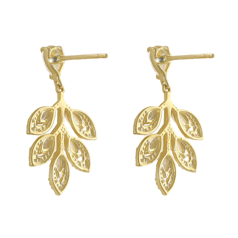 Solid 14K Gold Leaf Drop Dangle CZ Earrings