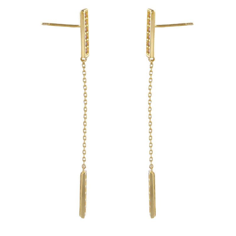 Solid 14K Gold Bar Chain Dangle CZ Earrings