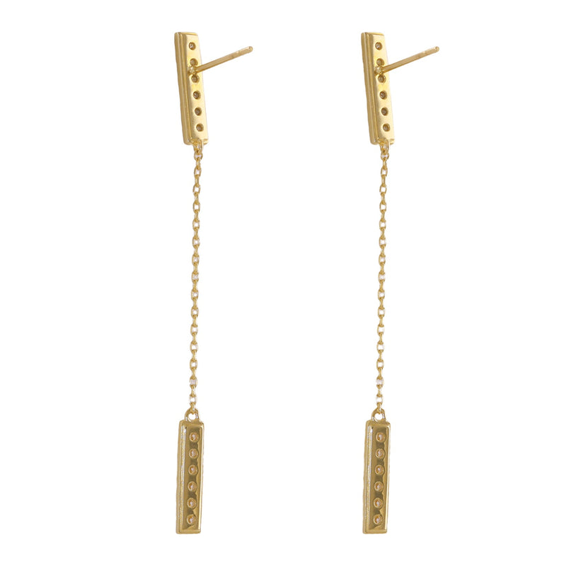 Solid 14K Gold Bar Chain Dangle CZ Earrings