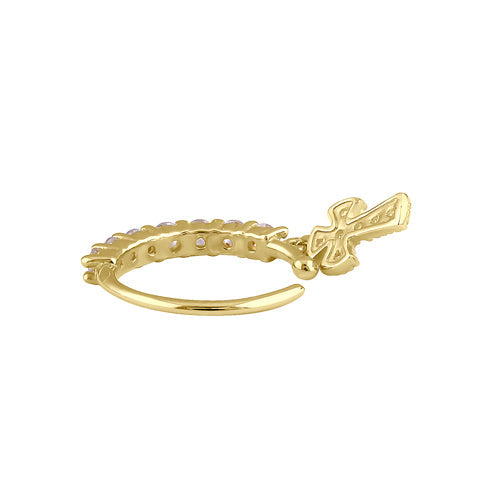 Solid 14K Gold CZ Dangling Cross Belly Ring