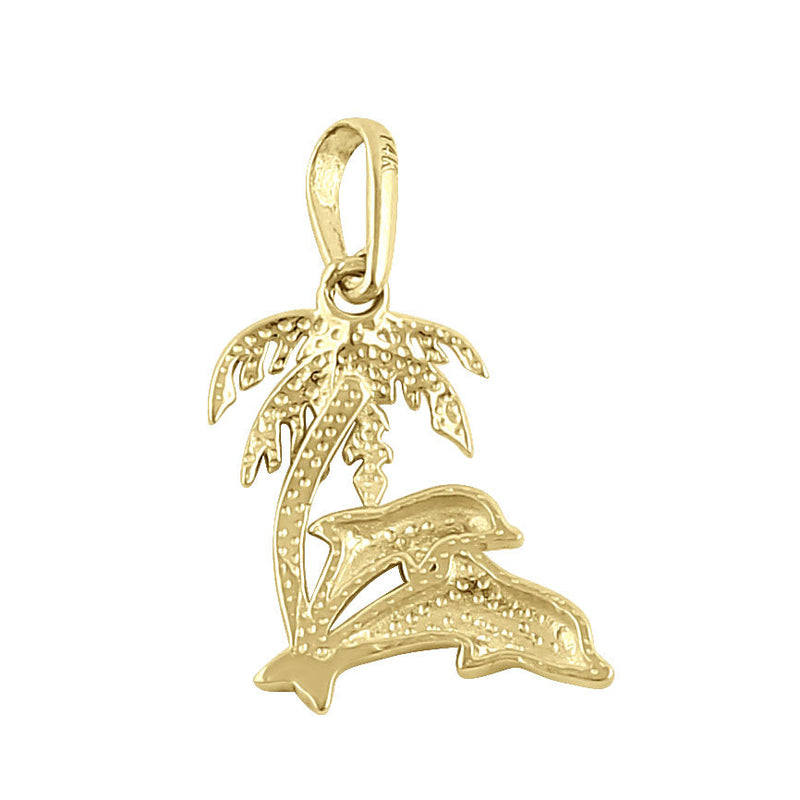 Solid 14K Yellow Gold Palm Tree and Dolphin Pendant