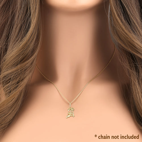 Solid 14K Yellow Gold Palm Tree and Dolphin Pendant