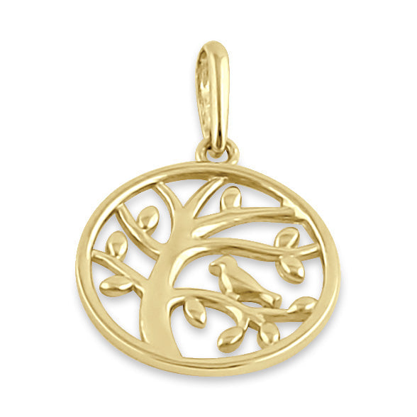 Solid 14K Gold Bird on Tree Pendant