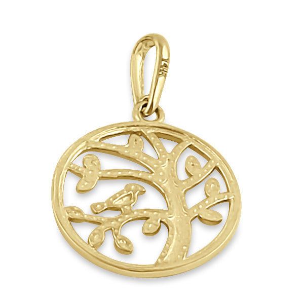 Solid 14K Gold Bird on Tree Pendant