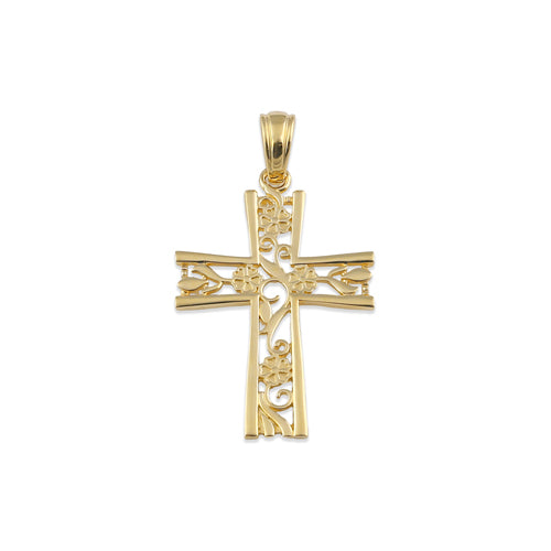 Solid 14K Gold Floral Cross Pendant