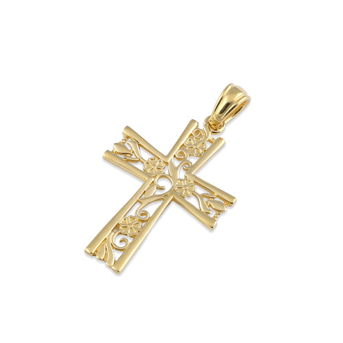 Solid 14K Gold Floral Cross Pendant