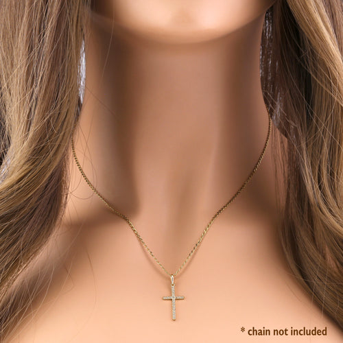 Solid 14K Yellow Gold Cross Clear CZ Pendant