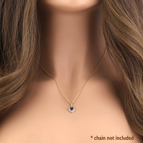 Solid 14K Yellow Gold Heart Halo Blue Sapphire CZ Pendant