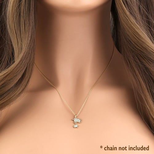 Solid 14K Gold Turtle Mom and Baby CZ and White Opal Pendant