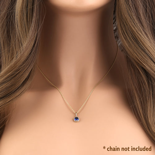 Solid 14K Yellow Gold Halo Round Blue Sapphire CZ Pendant