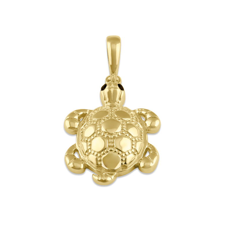 Solid 14K Gold Turtle with Black CZ Eyes Pendant
