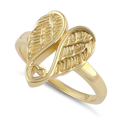 Solid 14K Gold Angel Wings with Heart Ring