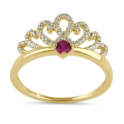 Solid 14K Gold Ruby and Clear CZ Crown Ring