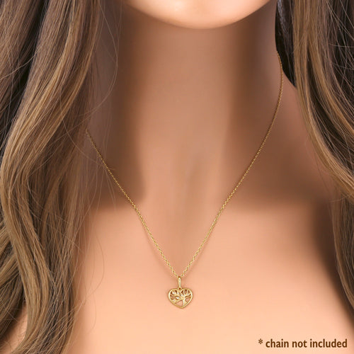 Solid 14K Yellow Gold Tree of Life Heart Diamond Pendant