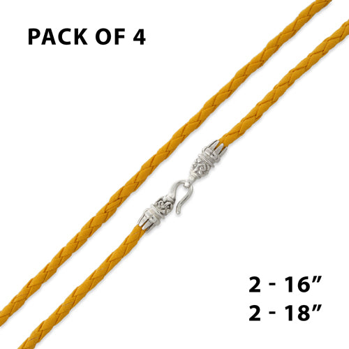 Yellow Braided Leatherette Necklace 4mm w/ Silver Plated Bali Lock - Pack of 4